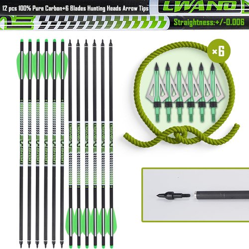 LWANO 100% Pure Carbon Crossbow Bolts Arrows 22 Inch Archery Arrows 12 Pack and 6 Pack Hunting Crossbow Broadheads kit for Hunting & Target Practice