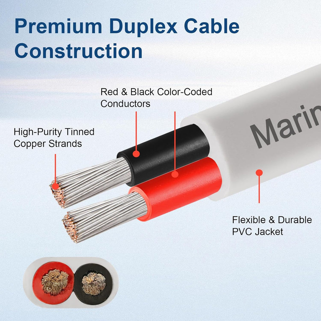 XRDS Marine Wire - 12 AWG Duplex Boat Cable (Red & Black) | 10FT High-Strand Tinned Copper, Flexible PVC Jacket for Boats, RVs & Solar