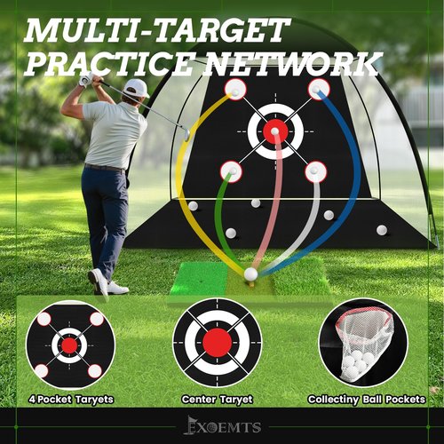 EXOEMTS Golf Net 10x7FT with Tri-Turf Mat, Ball, Target & Bag, All-in-One Golf Practice Hitting Net for Backyard Driving, Chipping & Swing, Indoor Outdoor Training Aid, Gift for Men Dad Him Golfer