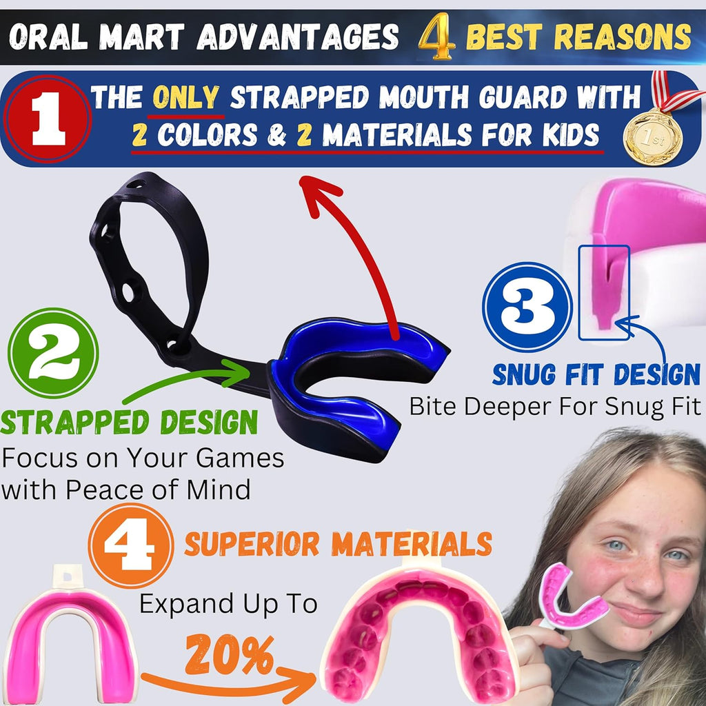 Oral Mart Strapped Mouth Guard - USA Flag Design | Sports Mouthguard for Football, Lacrosse, Hockey & Taekwondo (Youth/Adult)