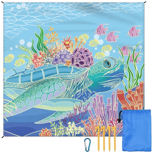 Beach Blanket Waterproof Sandproof Large Beach Mat 79" X 83" for 2-4 Adults Sand Free Mat Quick Drying,Lightweight & Durable with 4 Stakes & 4 Corner Pockets for Beach Travel Camping.(Sea Turtle)