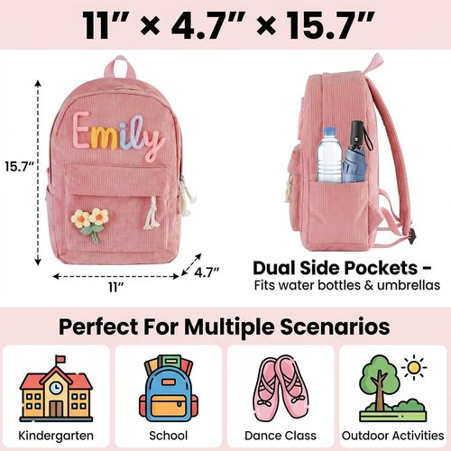 MBBEST Personalized Corduroy Backpack - Custom Embroidered Name Daypack for Kids | Perfect Birthday & Christmas Gift