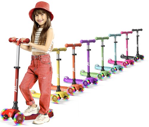 Lifemaster Kids Scooter – Children and Toddler 3 Wheel Kick Scooter – LED Wheel Lights Illuminate When Rolling– Adjustable Handlebar – Indoor and Outdoor Red