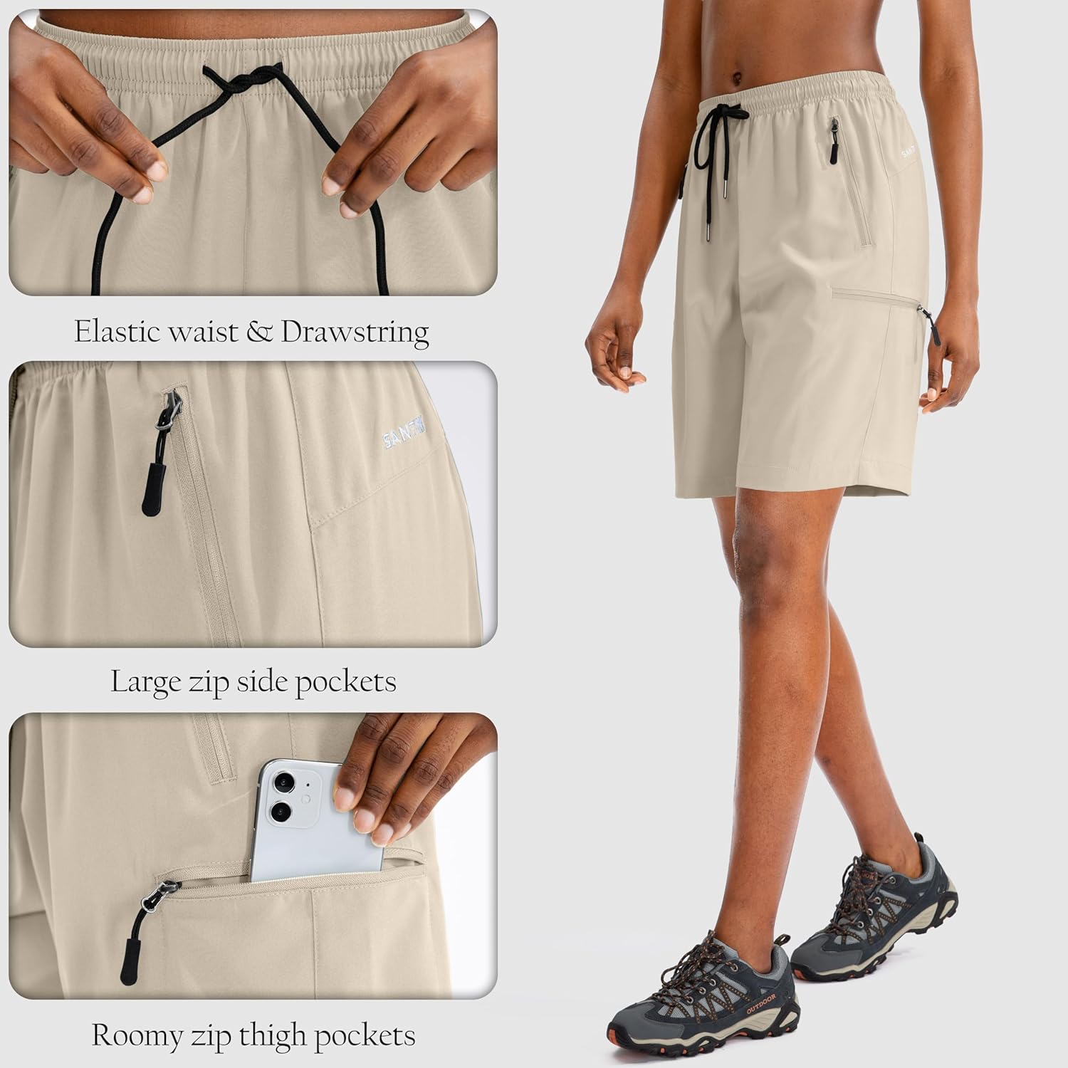 SANTINY Women's Quick-Dry Hiking Cargo Shorts - Lightweight Athletic Summer Shorts with Zipper Pockets