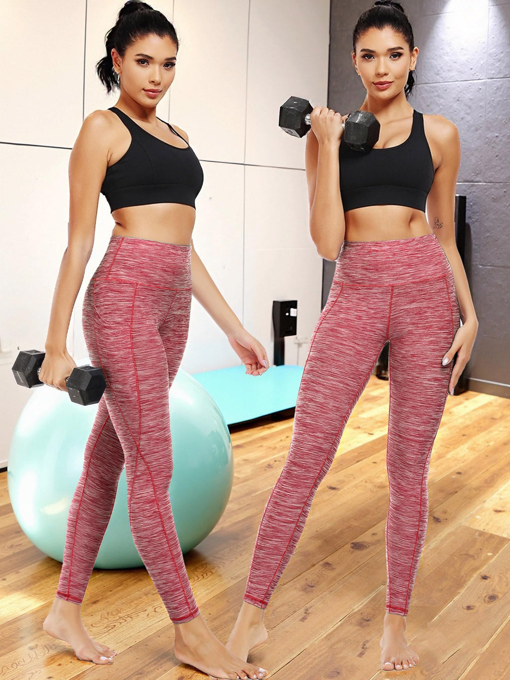 NELEUS Tummy Control High Waist Yoga Pants Workout Running Leggings for Women,9033,3 Pack,Red,Grey,Brown,XL,EU 2XL