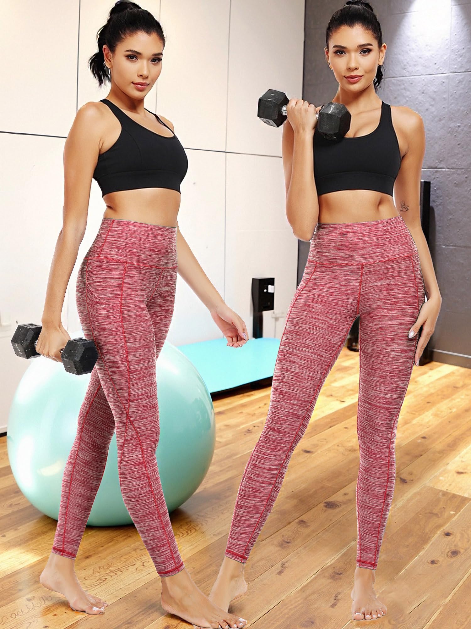 NELEUS Tummy Control High Waist Yoga Pants Workout Running Leggings for Women,9033,3 Pack,Red,Grey,Brown,XL,EU 2XL