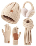 Winter Hat Gloves Scarf Earmuffs Set for Women, Fleece Lined Beanie Long Knit Neck Scarf Touchscreen Gloves Adjustable Ear Warmer, 4 in 1 Fashionable Warm Gift Set for Cold Weather-01