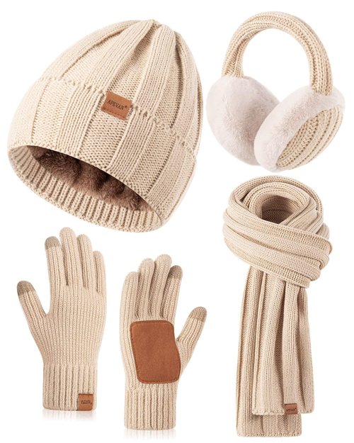 Winter Hat Gloves Scarf Earmuffs Set for Women, Fleece Lined Beanie Long Knit Neck Scarf Touchscreen Gloves Adjustable Ear Warmer, 4 in 1 Fashionable Warm Gift Set for Cold Weather-01