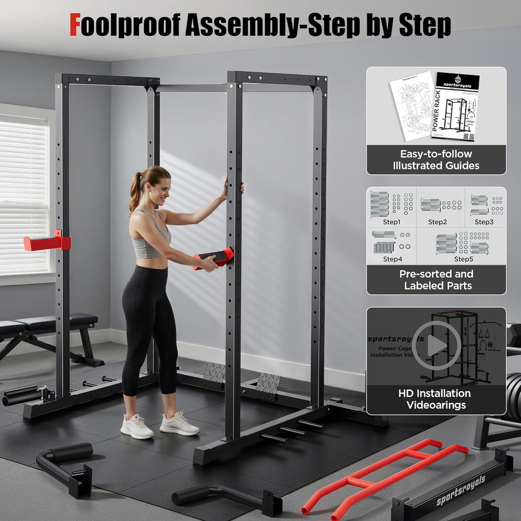 SPORTSROYALS Power Rack - Multi-Functional Squat Cage with Pulley System & LAT Pull Down for Home Gym