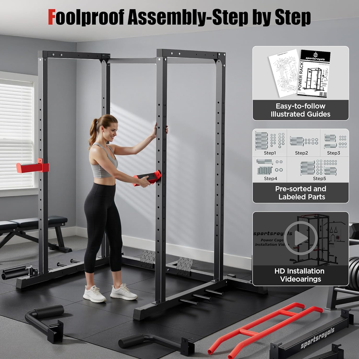 SPORTSROYALS Power Rack - Multi-Functional Squat Cage with Pulley System & LAT Pull Down for Home Gym