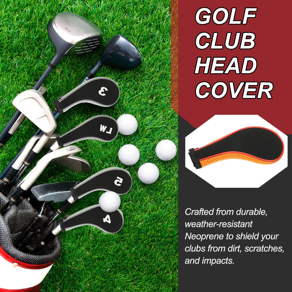 PATIKIL Golf Club Head Cover, 12 Pcs Number Golf Club Irons Covers Neoprene Driver Headcover Golf Lovers Gifts for Men Women, Black/Orange