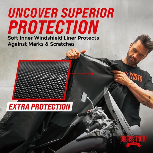 Badass Moto Motorcycle Cover - Waterproof Heavy-Duty All-Season Protection for Harley & Cruiser Bikes | Large 97L