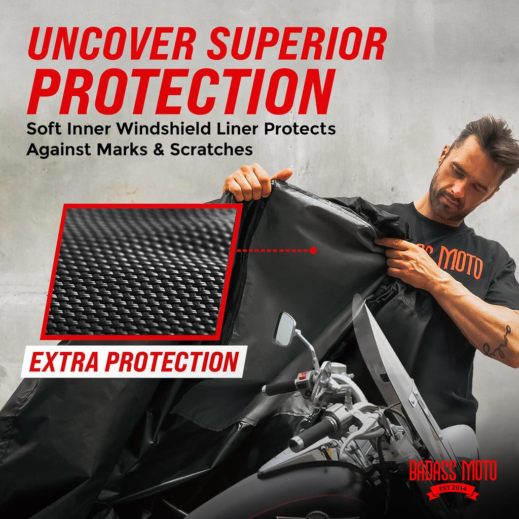 Badass Moto Motorcycle Cover - Waterproof & Heavy Duty All-Season Protection | Fits Harley Davidson & Cruiser Bikes, Large 97L