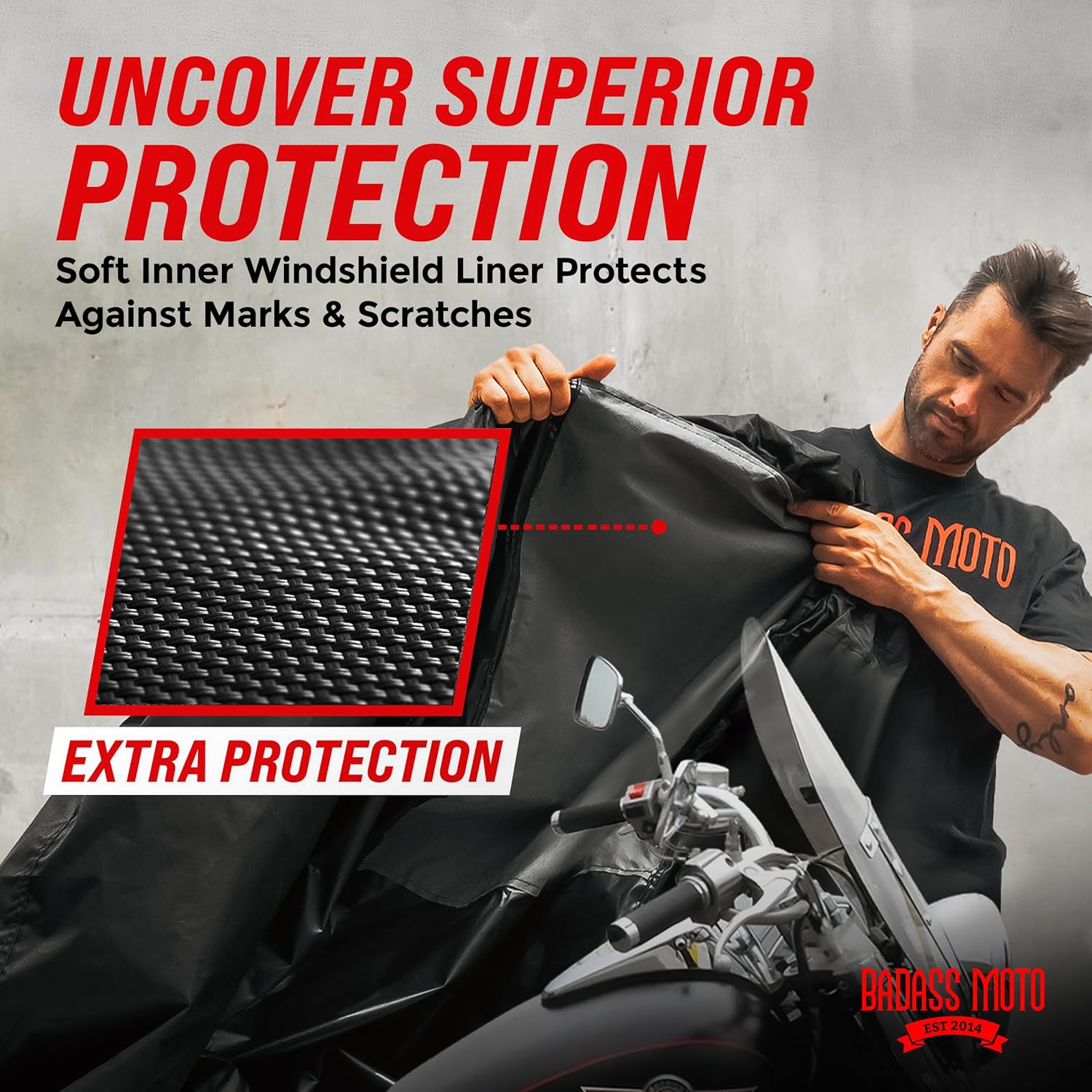 Badass Moto Motorcycle Cover - Waterproof & Heavy Duty All-Season Protection | Fits Harley Davidson & Cruiser Bikes, Large 97L
