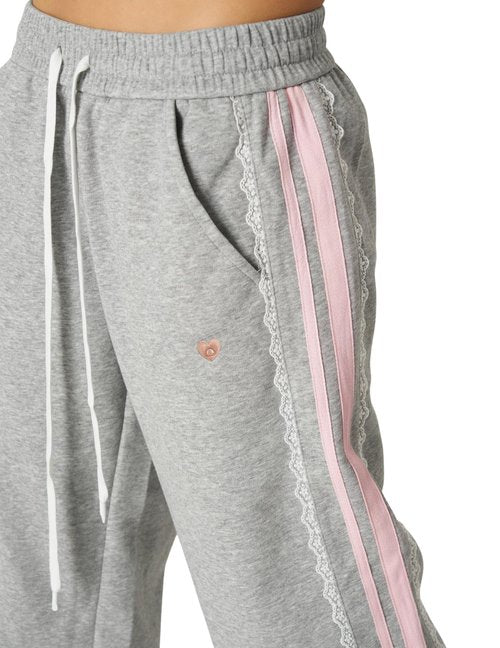 Aelfric Eden Lace Stripe Patchwork Sweatpants Casual Baggy Pant for Women Wide Leg Elastic Drawstring Trousers Grey X-Small
