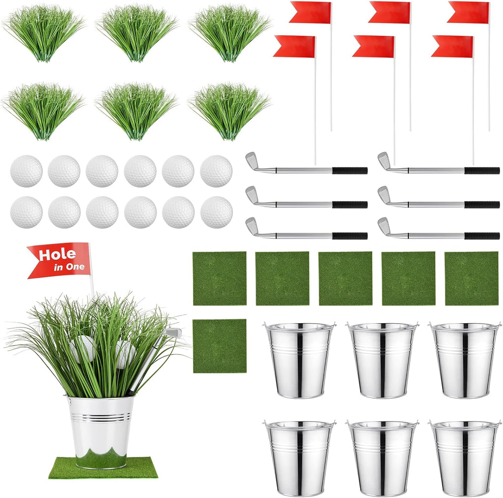 Skiennix Golf Party Decorations Kit - 6 Reusable Centerpieces with Iron Buckets, Mini Balls & Flags