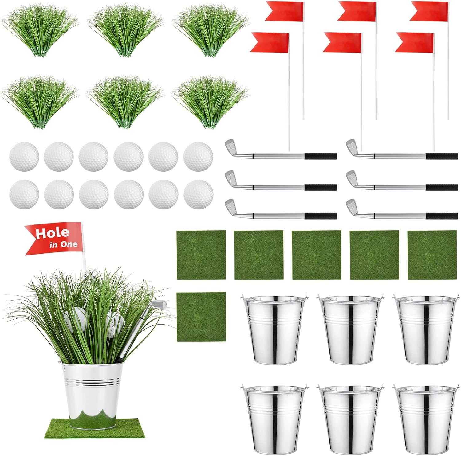 Skiennix Golf Party Decorations Kit - 6 Reusable Centerpieces with Iron Buckets, Mini Balls & Flags