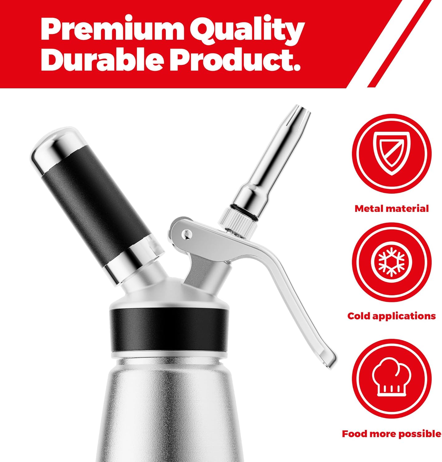 Skiennix Professional Aluminum Whipped Cream Dispenser - Leak-Free 500 mL Canister with 8 Nozzles & Brush | Silver