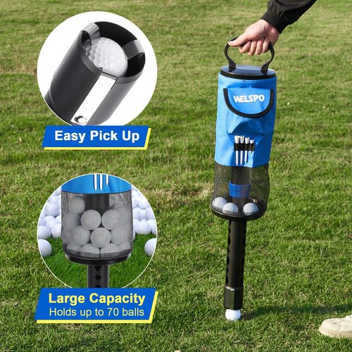 welspo Golf Ball Retriever, Portable Shag Bag Golf Ball Pick Up with Detachable Aluminum Alloy Tube, Golf Shag Bags Golf Ball Shagger Large Capacity Hold up to 70 Balls