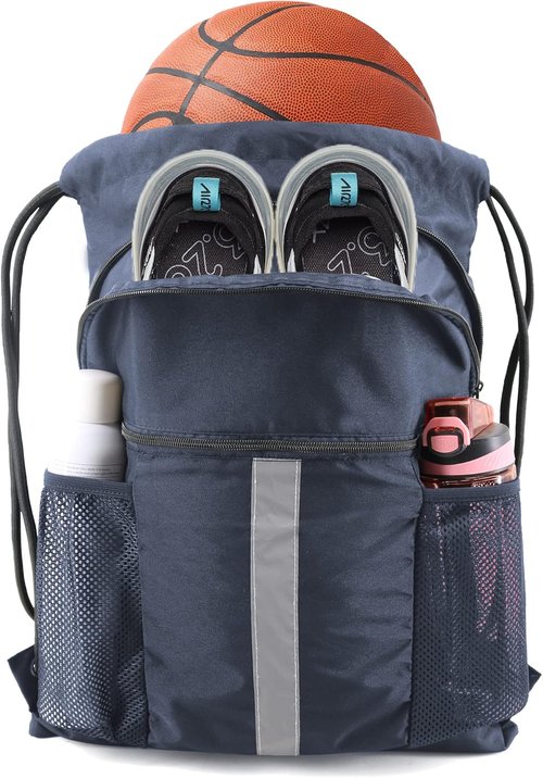BeeGreen X-Large Drawstring Backpack - Black Gym Bag with Shoe Compartment for Sports & Travel