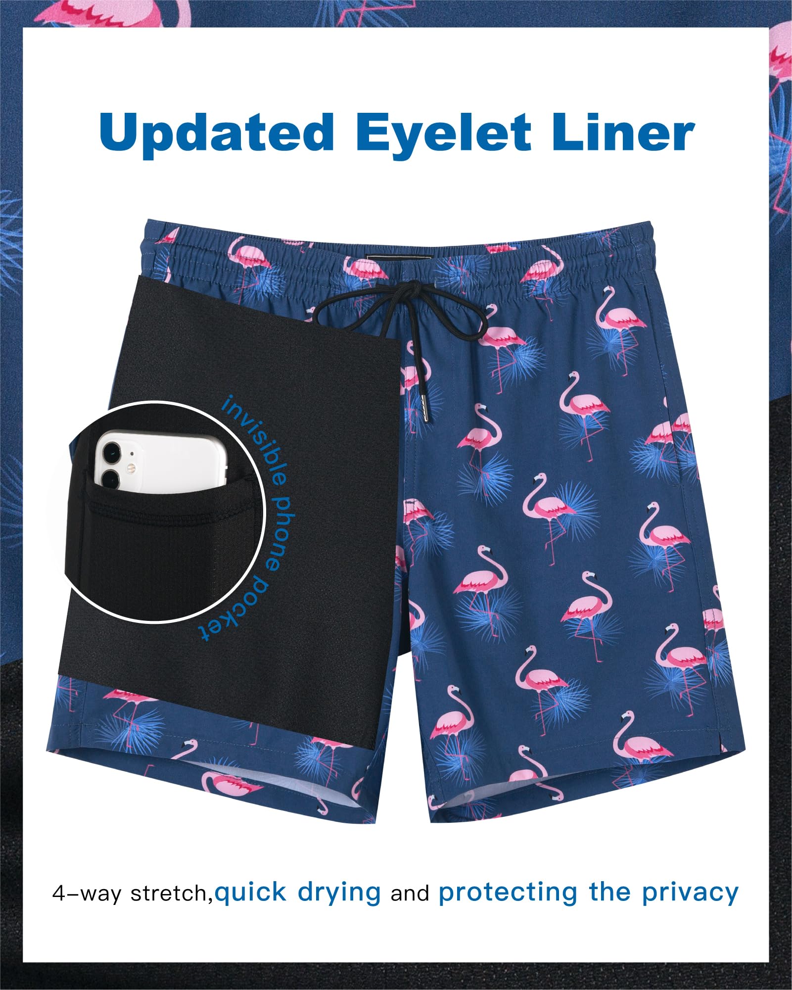 SURF CUZ Mens Swim Trunks with Compression Liner Quick Dry Swim Shorts 7" Swimming Trunks Stretch Zipper Pockets,Sunny Flamingos,L