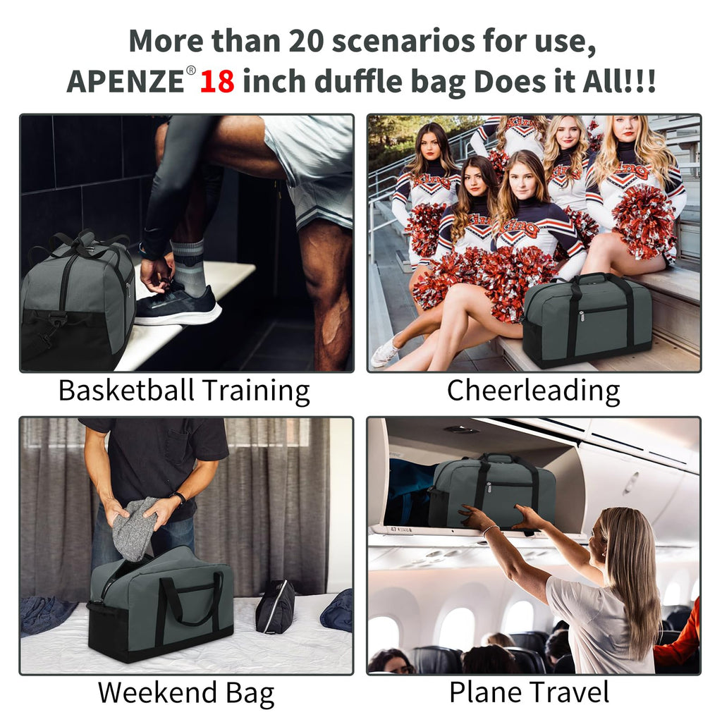 Apenze Small Gym Bag 18 inch Carry On Duffel Bag for Weekender Travel - Dark Grey