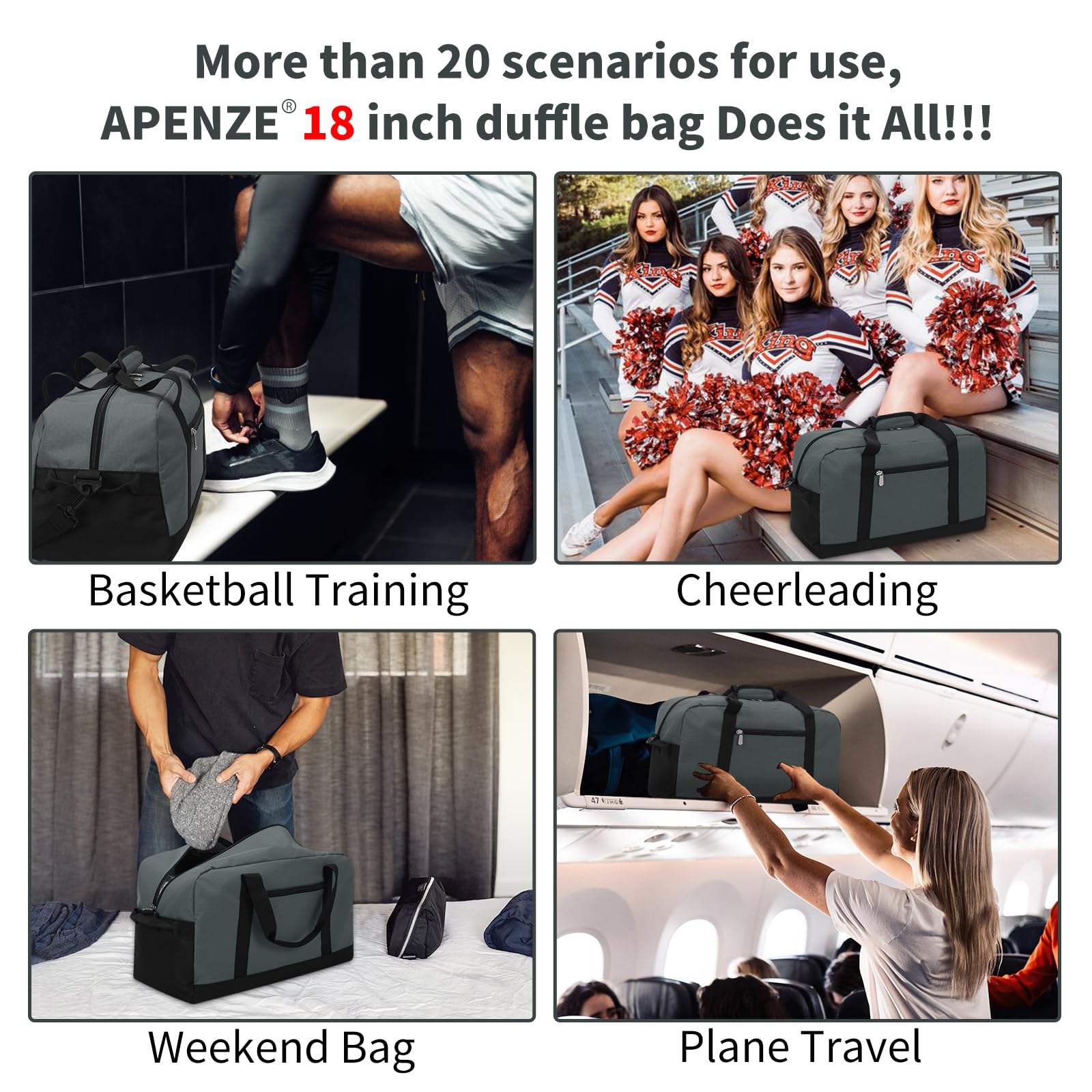 Apenze Small Gym Bag 18 inch Carry On Duffel Bag for Weekender Travel - Dark Grey