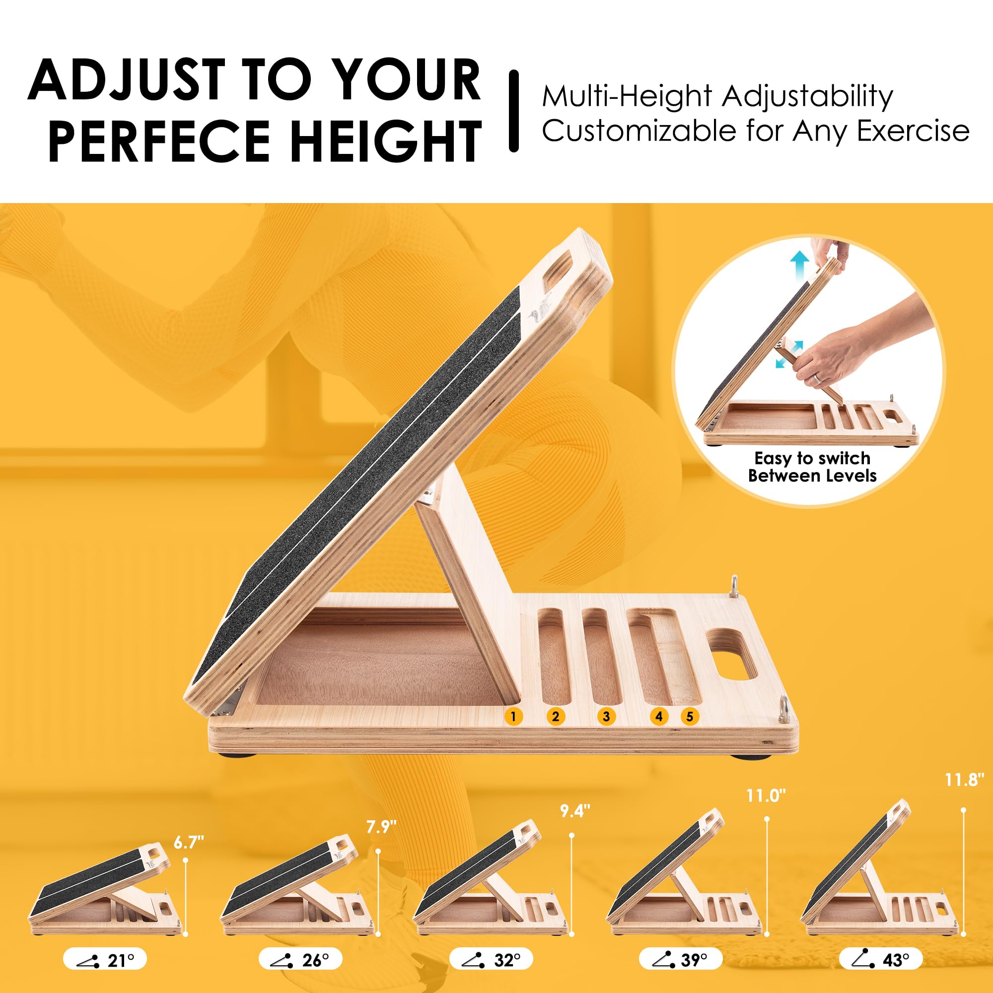 Wooden Slant Board for Calf Stretching, Adjustable Portable Incline Board with 10 - pound Pull Rope, Comes with Training Poster, 300 Lbs Weight Capacity for Leg, Knees and Ankle Stretching
