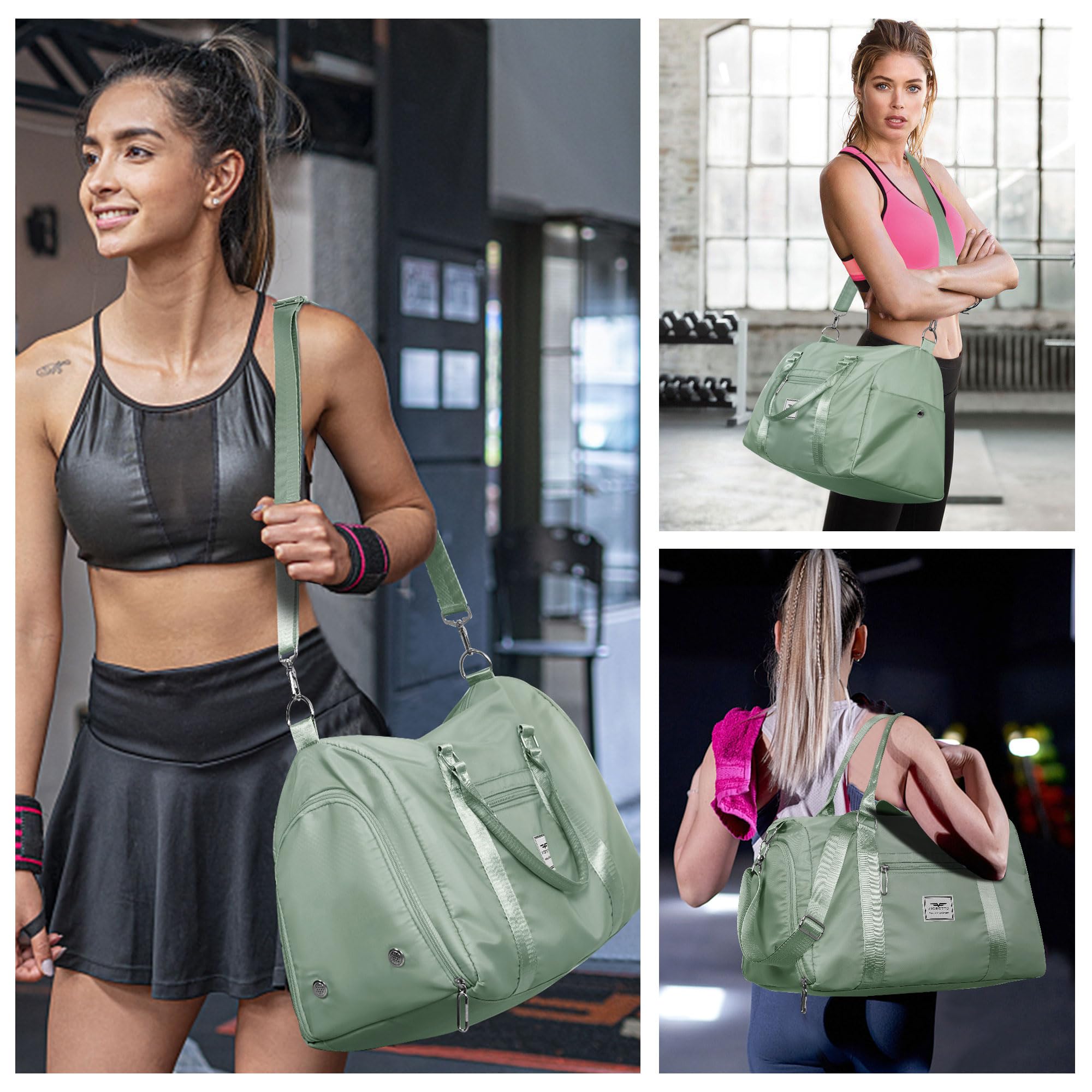 FIORETTO Womens Gym Tote Duffle Bag with Wet Pocket & Shoe Compartment, Sports Duffel Overnight Weekender Hospital Workout Carry on Bag for Girls, Ideal for Travel, Swimming, Dance, Ballet Celadon