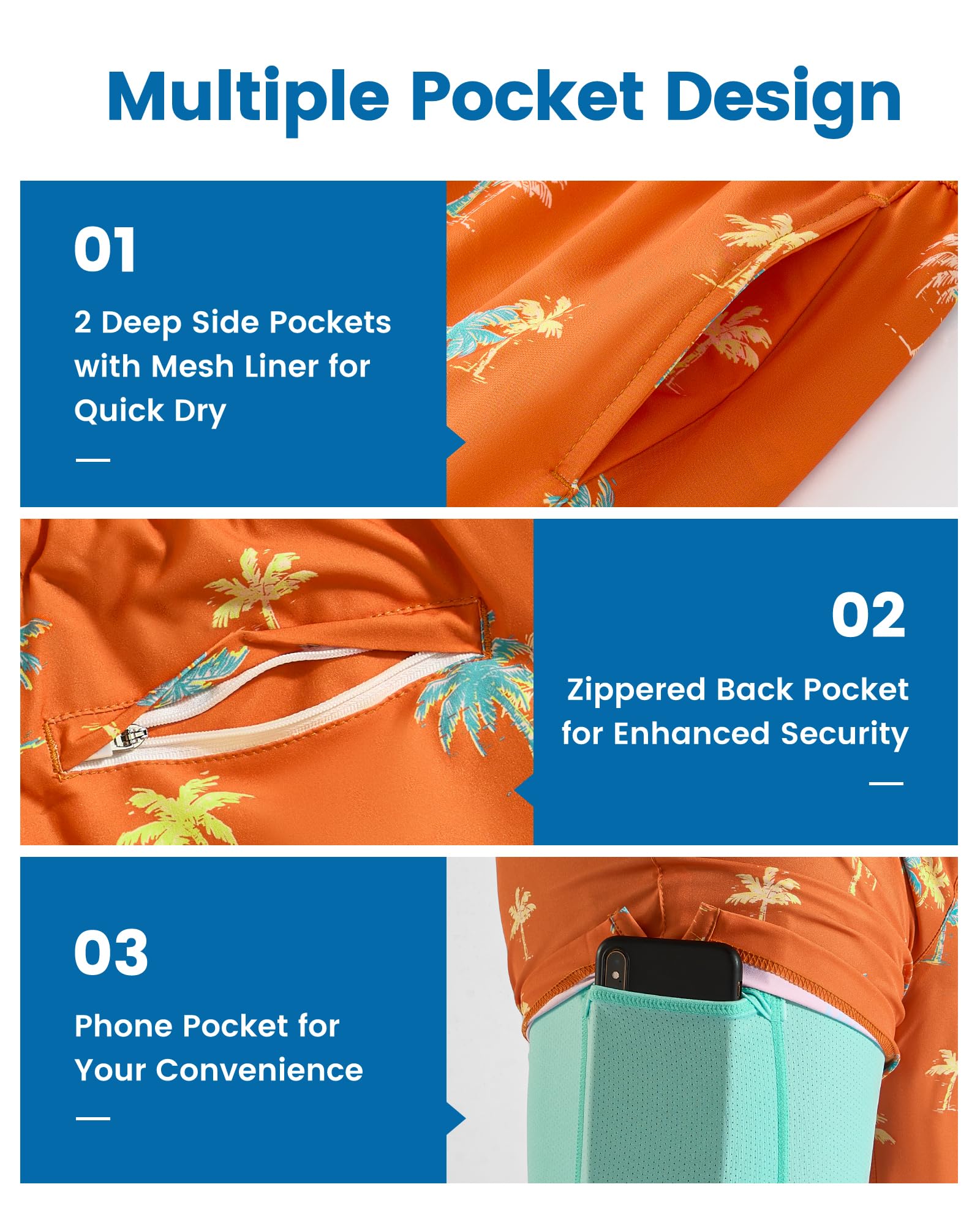 maamgic Mens Swim Trunks with Compression Liner 7 Inch Inseam Mens Bathing Suit Quick Dry Swimming Trunks Swimsuit Orange Coconut Tree Medium