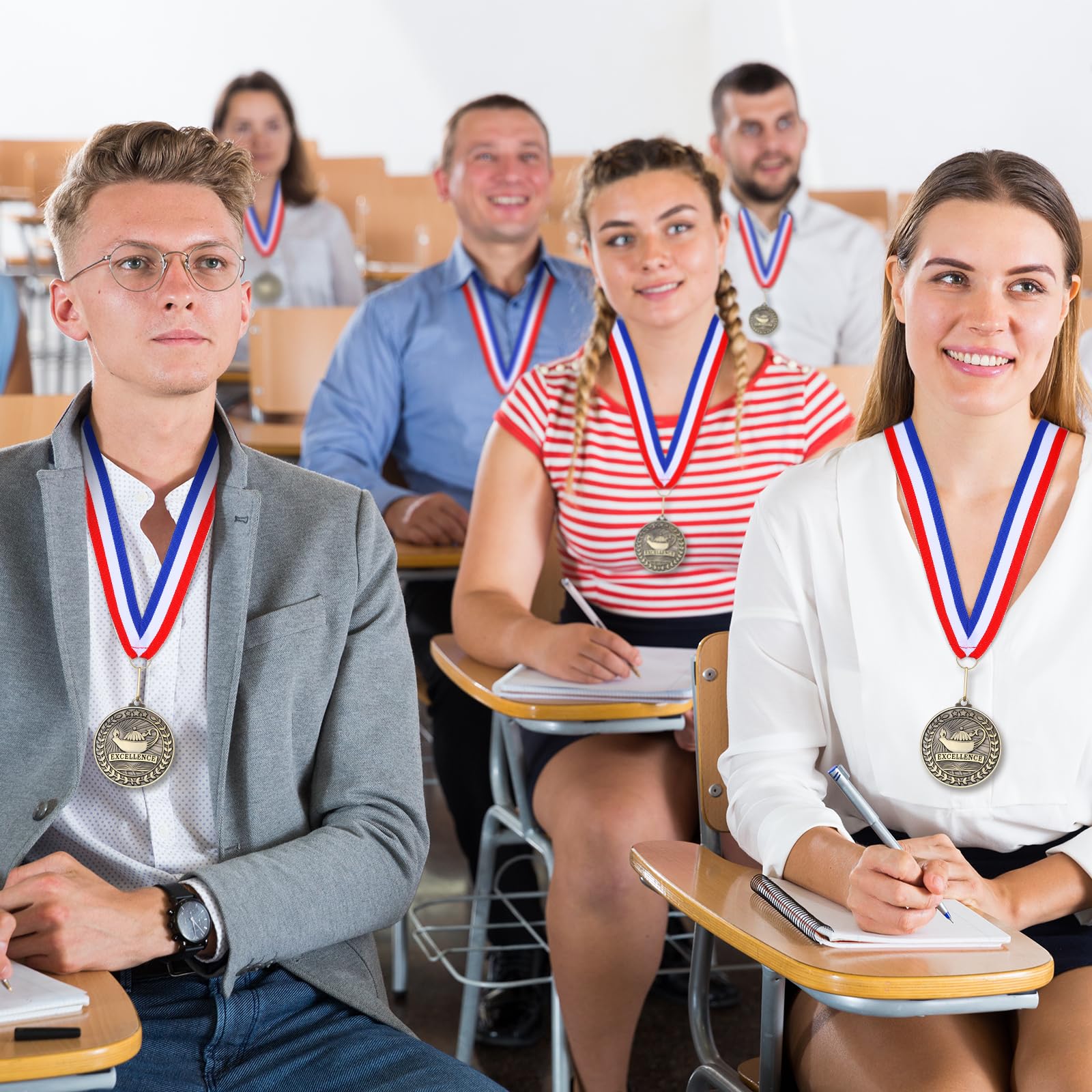 Quelay 100 Pcs 2'' Award Medals Bulk Gold Winner Medals with Neck Ribbons Metal Trophy Award Prize Gift for Tournaments, Competitions, Party, Kids and Adults (Excellence)