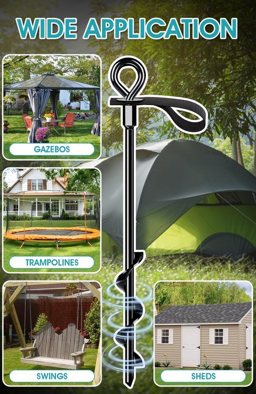 Ground Anchors | 4-Pack Screw-In Stakes with Straps - High Wind Resistant for Trampolines, Tents, and Swing Sets (4x15 in)