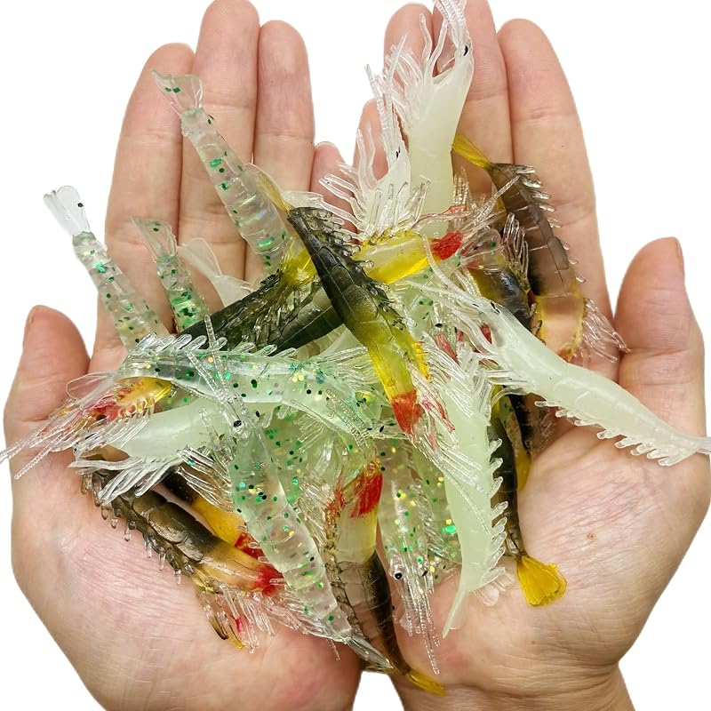 Mixed 30Pcs Luminous Shrimp Bait Soft Plastic Lures Kit 3.2in 1/8oz Fishing Tackle