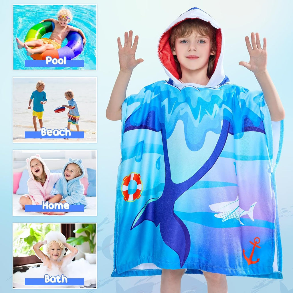 WERNNSAI Shark Kids Beach Towel - Hooded Towel Wrap 27"" x 27"" Kids Hooded Poncho Sand Free Beach Towel for Girls Bath Pool Quick Dry Soft Kids Bath Towel for Travel Shower Swim, Large