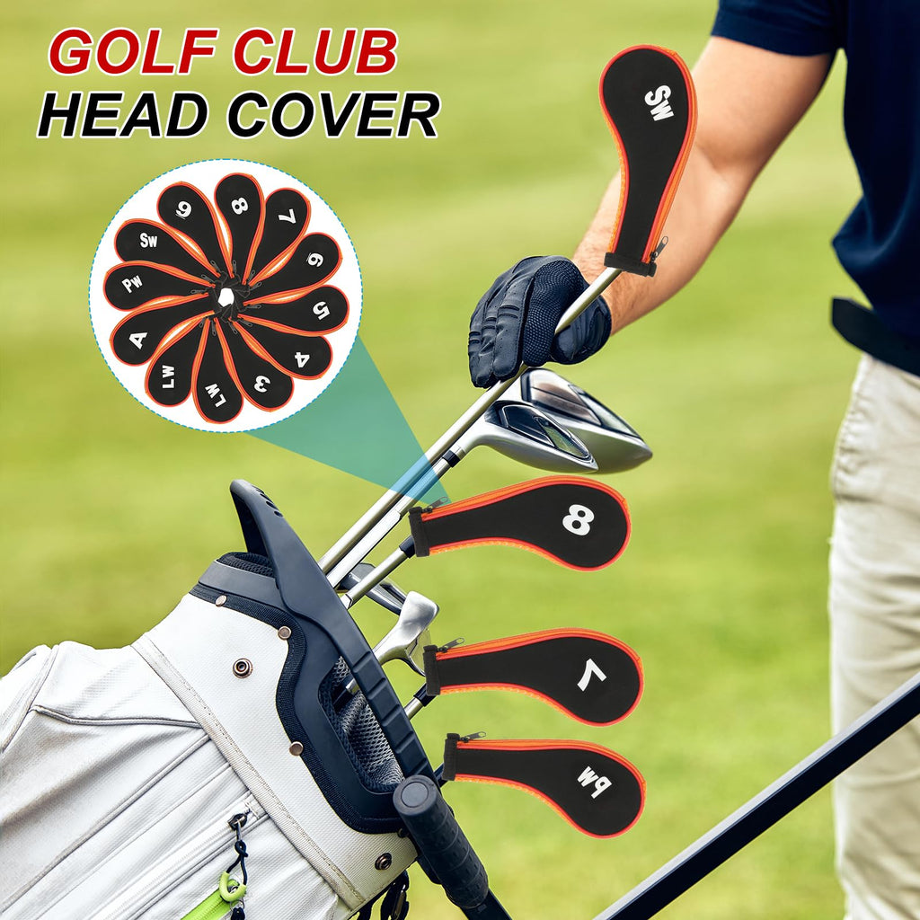 PATIKIL Golf Club Head Cover, 12 Pcs Number Golf Club Irons Covers Neoprene Driver Headcover Golf Lovers Gifts for Men Women, Black/Orange