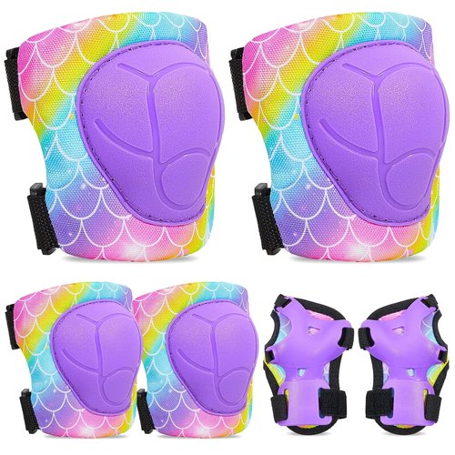 FIODAY Kids Knee Pads - Adjustable Knee, Elbow & Wrist Guards for Roller Skating | Rainbow Mermaid, 3-8 Years