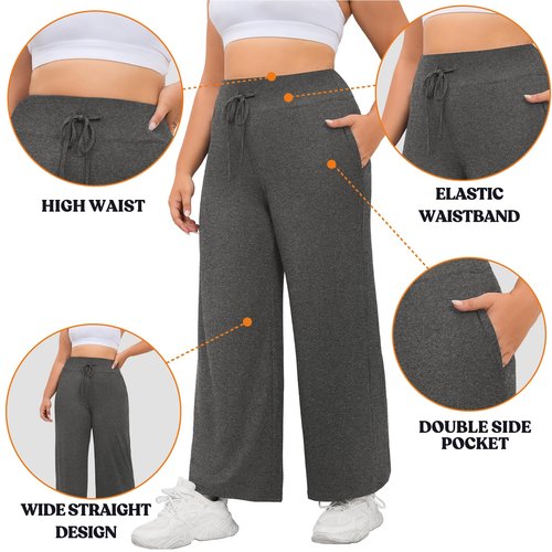 FOREYOND Plus Size Sweatpants for Women Wide Leg Yoga Pants Knit Workout Pants with Drawstring Pull-on Stretch Fabric Dark Grey 3XL