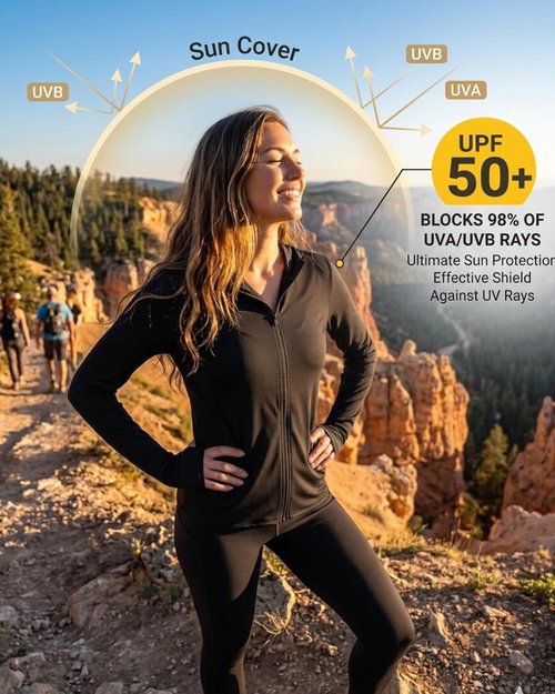 Isnowood Women's UPF 50+ Sun Protection Rash Guard - Lightweight UV SPF Long Sleeve Zip Hoodie Jacket
