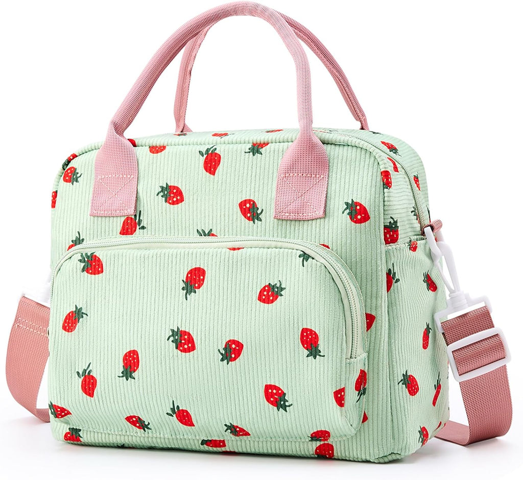 Skiennix Insulated Lunch Bag - Cute Corduroy Tote for Women | Reusable Cooler in Strawberry Design