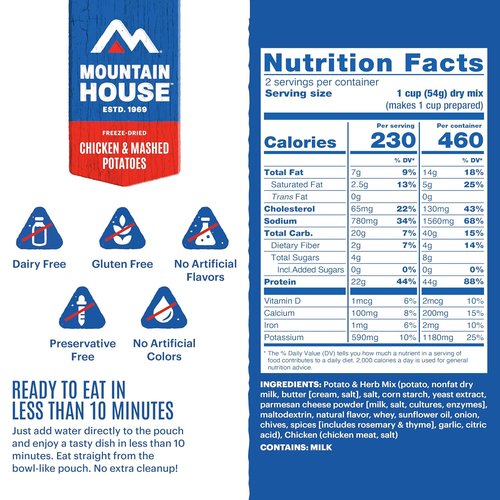 Mountain House Gluten-Free Chicken & Mashed Potatoes - Freeze-Dried Camping Meal, 2 Servings, 30-Year Shelf Life, 2-Pack