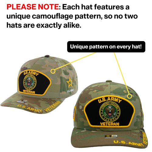 US Army Veteran Hat for Men Official Licensed Military Veterans Embroidered Patch Design Army Seal Adjustable Baseball Cap (US, Alpha, One Size, Camo)