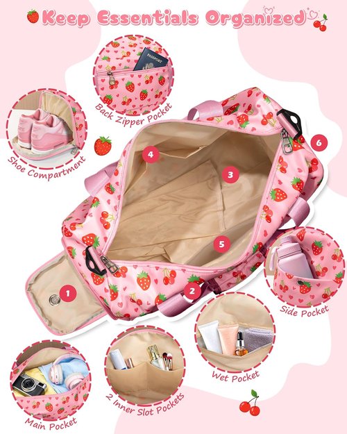 Elilier Dance Bag for Girls, Birthday Gifts for 4 5 6 7 8 9 10 Year Old Girls Kids, Initial Kids Duffle Bag, Cute Weekender Overnight Sleepover Gym Bag with Shoe Compartment, Girly Stuff