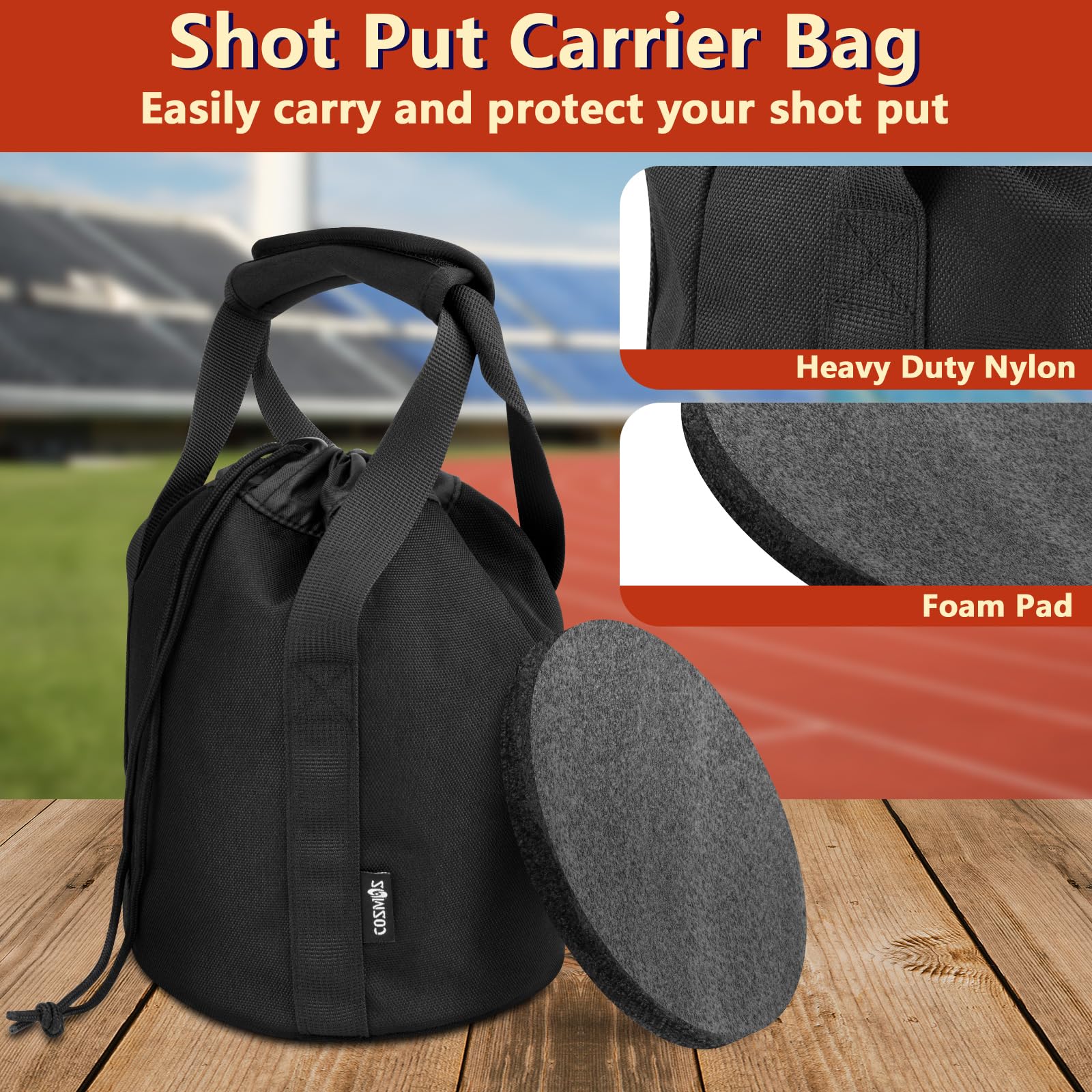 Cosmos Shot Put Bag with Comfortable Handle and Foam Pad, Portable Shot Put Ball Carry Bag for Carrying Single Ball from 6 LBS to 16 LBS (Black)