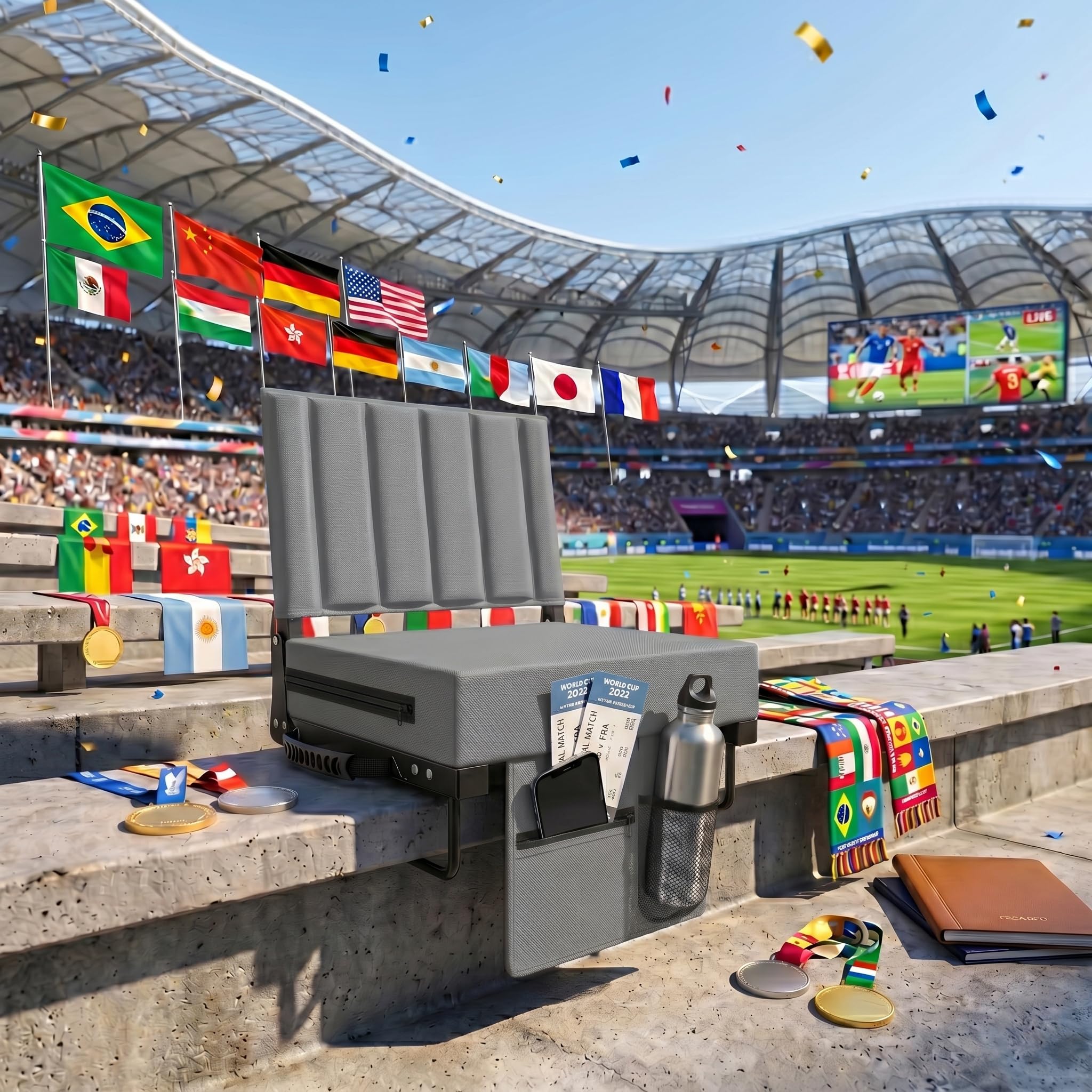 Aliphon Stadium Seat for Bleachers with Back Support and Cushion, Bleacher Seats with Shoulder Strap and Cup Holder, Padded Portable Folding Comfort Stadium Chair, for Sports Events, Grey (1pcs)