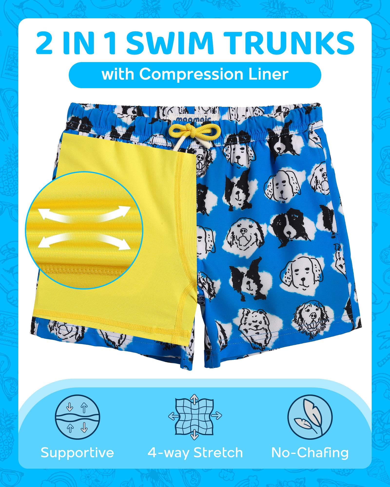 maamgic Boys Swim Trunks with Compression Liner Toddler Boy Swimsuit Quick Dry 4-Way Stretch Swimming Trunks Lovely Doggy Blue 2T
