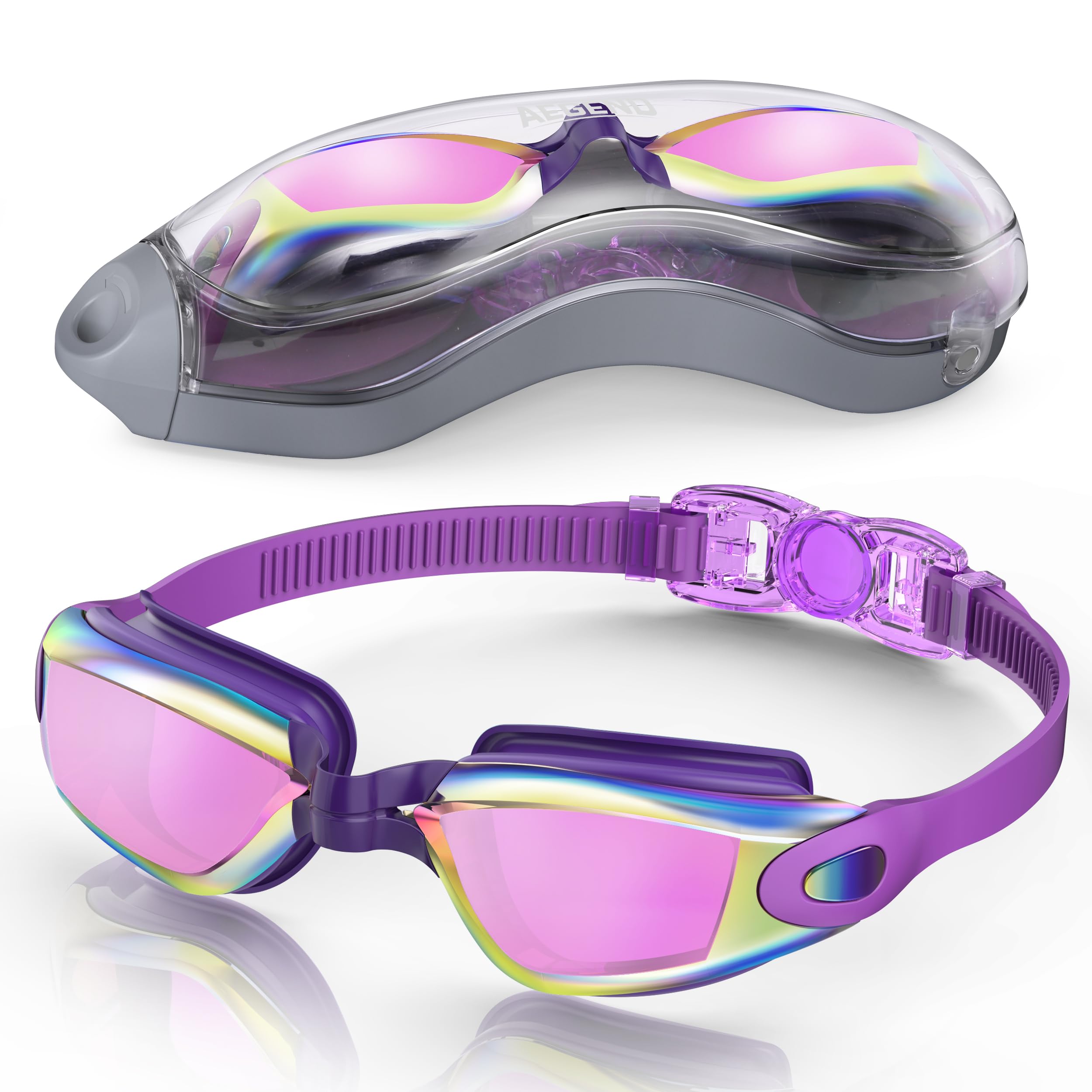 Aegend Swim Goggles, Swimming Goggles No Leaking Full Protection Adult Men Women Youth, Purple Black
