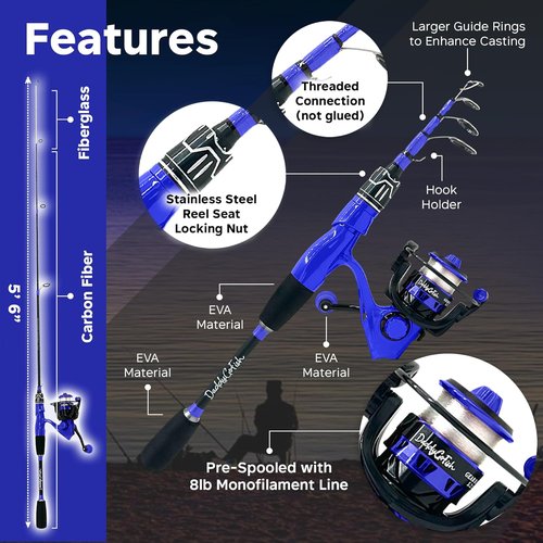 DaddyGoFish Spinning Fishing Rod and Reel Combo Set with Tackle Box | Kids Fishing Pole | Carbon Fiber Telescopic Fishing Rod Kit | Spinning Reel for Travel Saltwater Freshwater Fishing Gear Kit