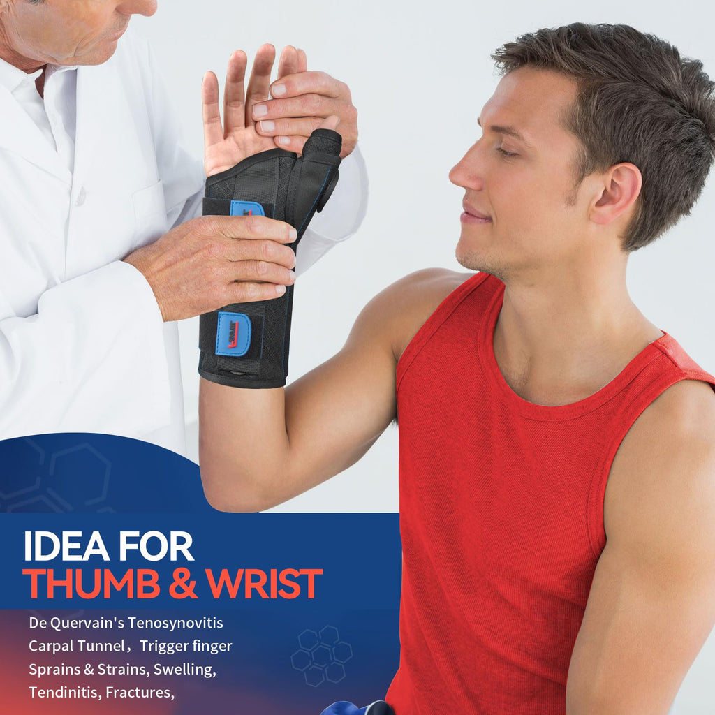 FEATOL Carpal Tunnel Wrist Brace Night Support, Thumb Spica Splint Left Hand for De Quervains Tenosynovitis, Tendonitis, Thumb Brace for Women Men, Black Blue, Large/XLarge