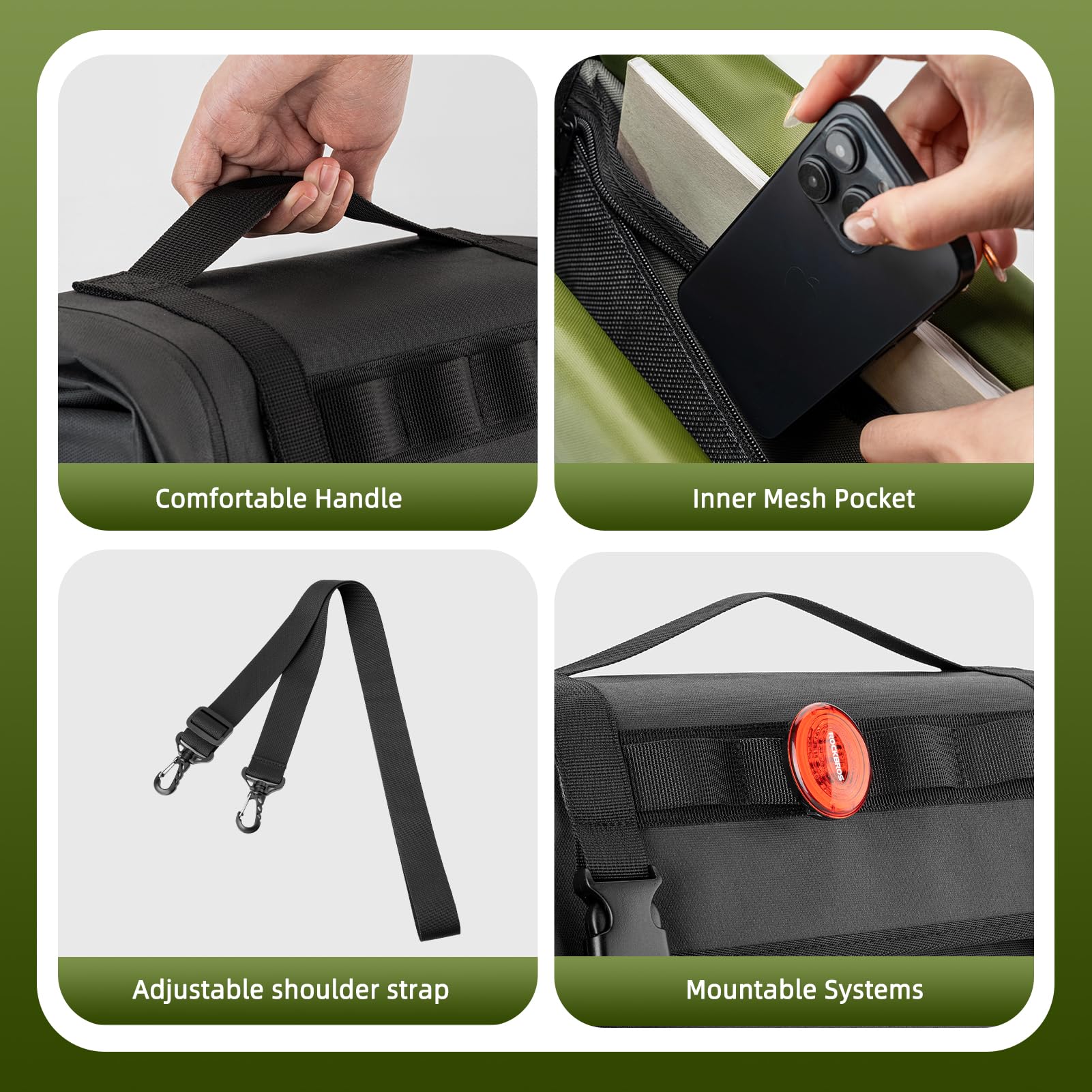 ROCKBROS Bike Panniers 15L Capacity Waterproof Bike Rack Bag Bicycle Panniers for Cycling Commuting Bikepacking Green