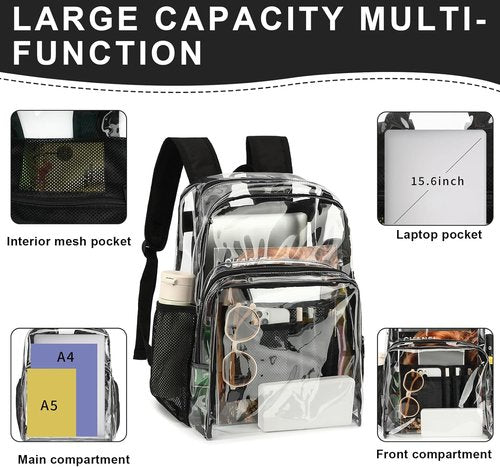 NEOREAL Clear Transparent Backpack - Heavy Duty Design for College, Work & Security | Black